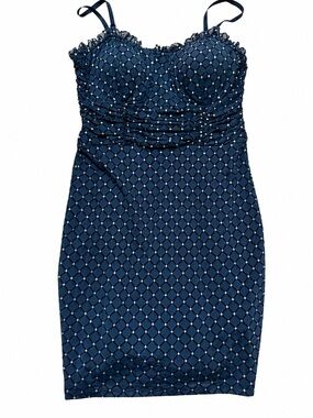 AUW Navy Diamond-Print Bodycon Mini Dress with Spaghetti Straps